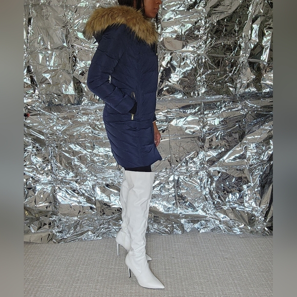 Cole Haan Navy Puffer Jacket with Fur Trim - Picture 4 of 16